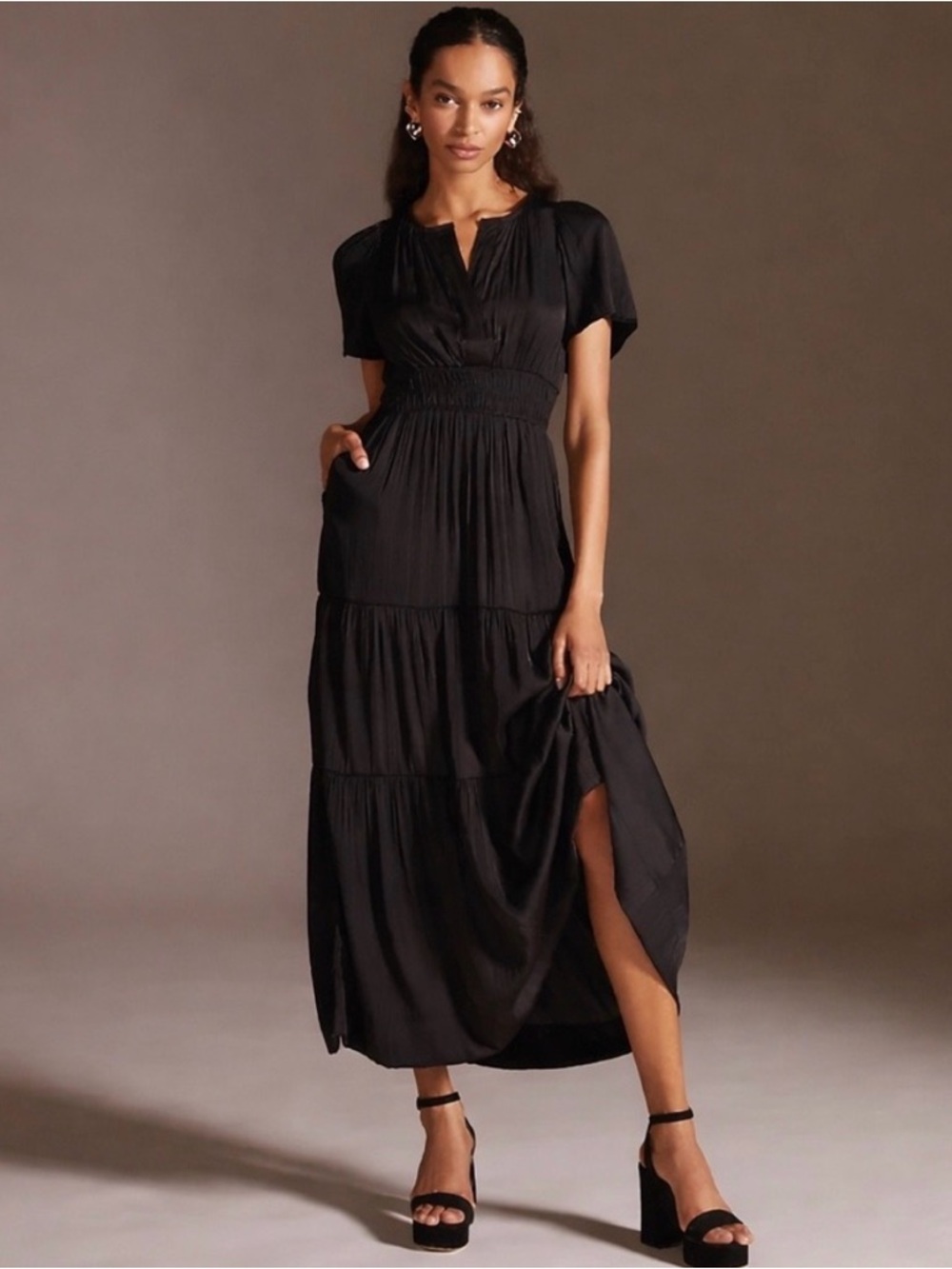 The Somerset Maxi Dress Flutter Sleeves Tiered Silky Black ( I lost 30 Lb)